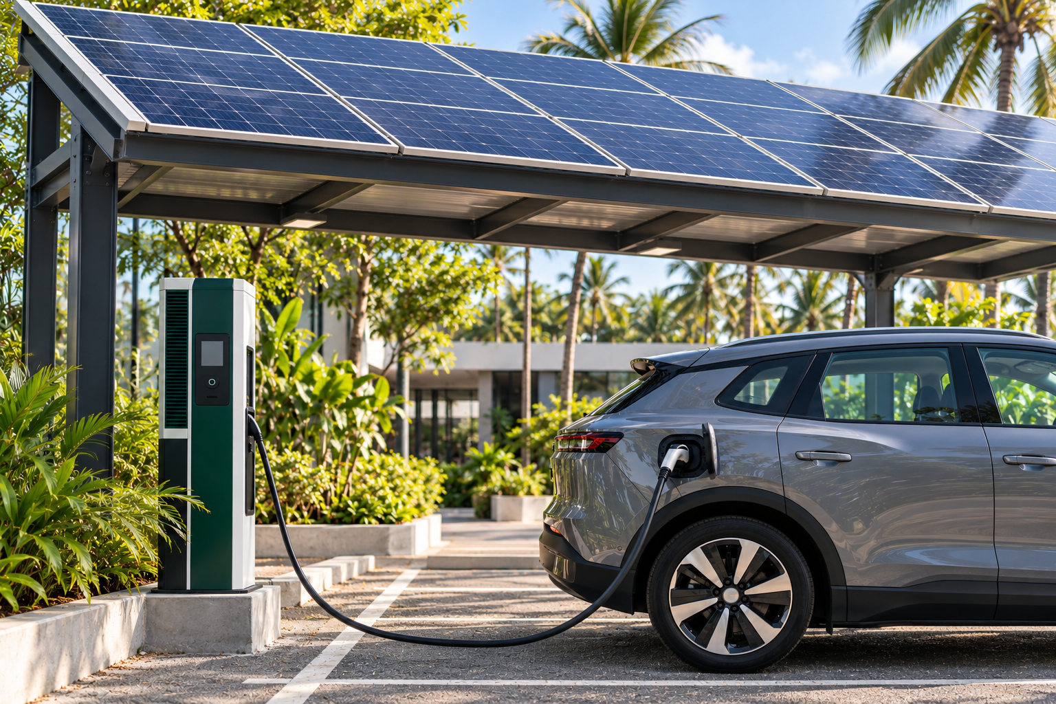 Illustrative solar EV charging station with photovoltaic panels above the charging bay